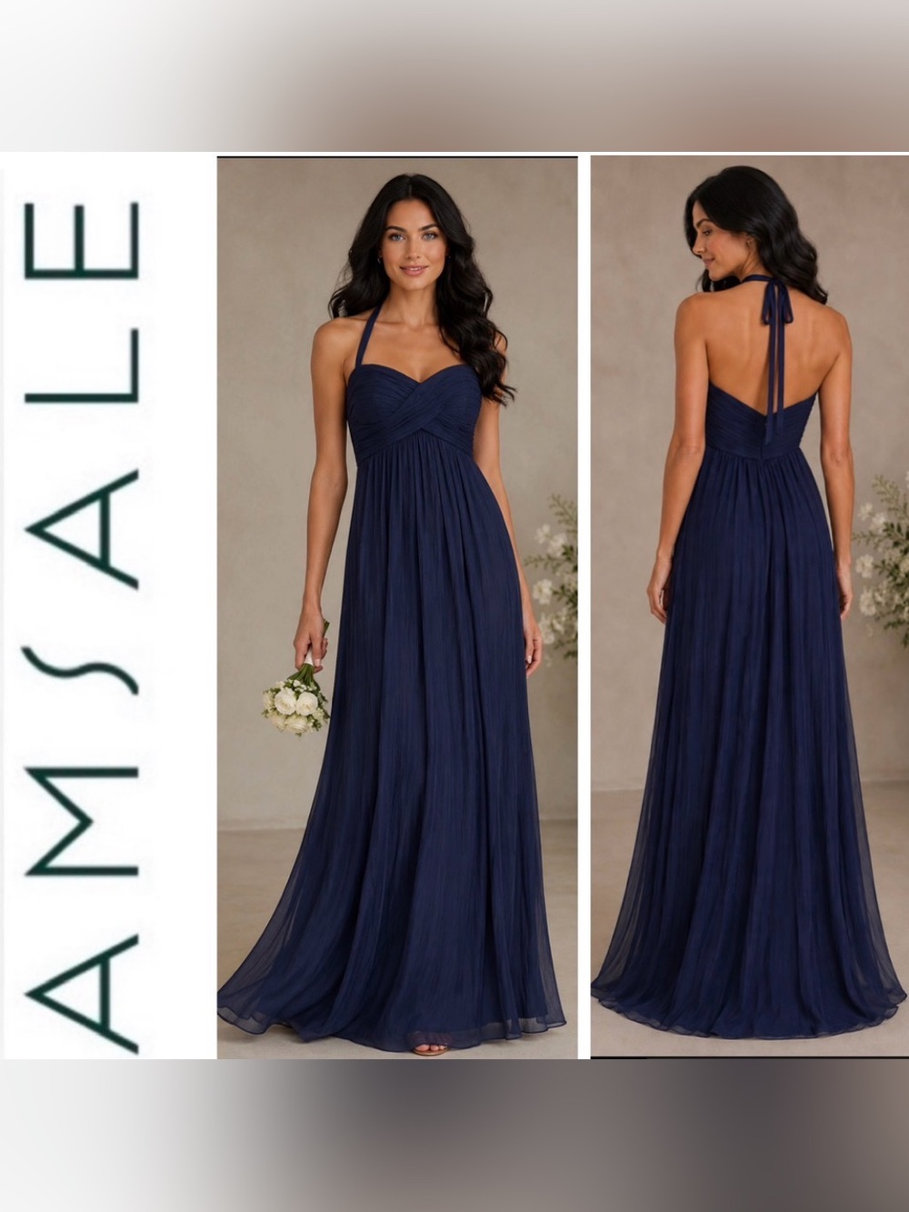 Amsale G426C Navy Chiffon Halter Maxi Dress size 6
